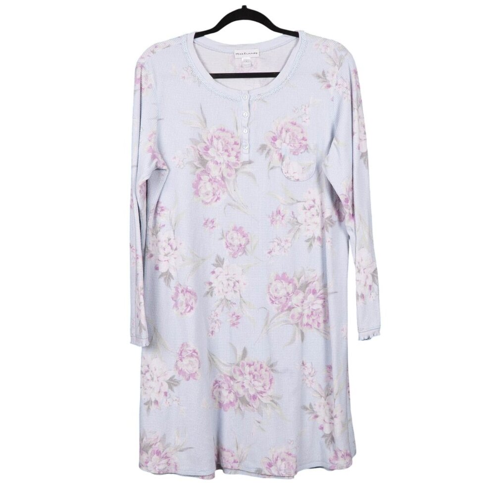 Miss Elaine Floral Nightgown L Womens Long Sleeve Blue Purple Waffle Soft PJs